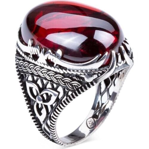 925 Sterling Silver Red Zircon Stone Mens Ring with Zulfiqar Sword Zirconia Ring for Men Silver Ring