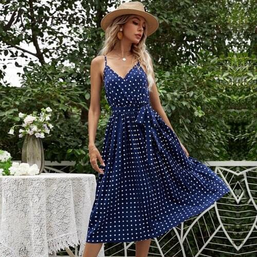 Women Chiffon Spaghetti Strap Pleated Dress Summer Dot Sleeveless Bandage Sexy Ladies Sundress Beach Boho Dresses Midi Vestido