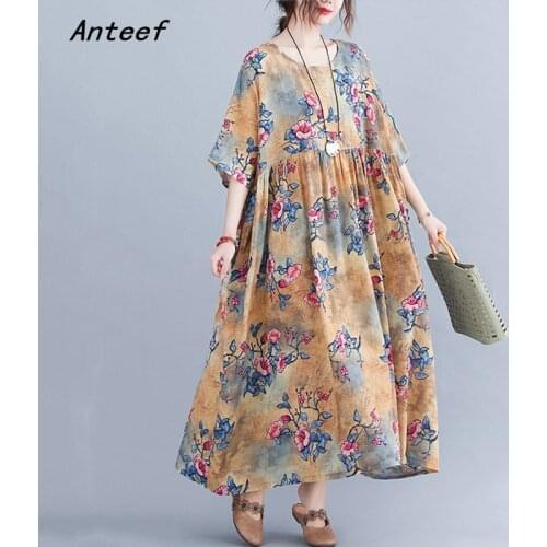 Short sleeve plus size cotton vintage floral dresses for women casual loose long summer dress elegant clothes 2021 sundress