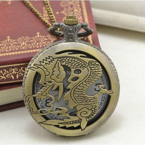100pcs/lot DHL Free Shipping Vintage Bronze Dragon Pockt Watch Antique Pocket Watches Sweater Chain Gift Watches Wholesale