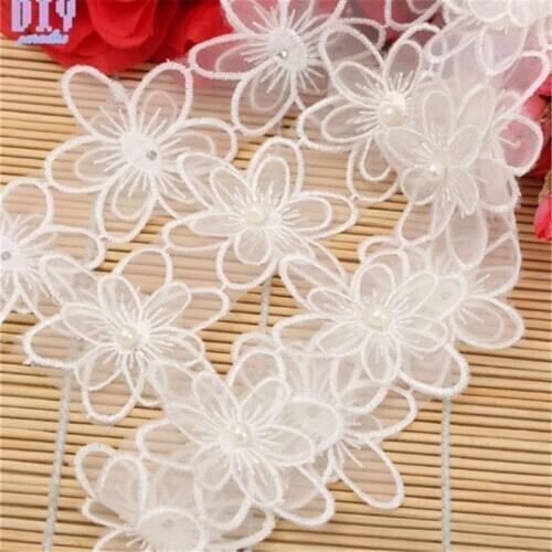 15yards White Embroidered Flower Pearl Beads Lace clothes Dress Applique wedding Trim Fabric Craft Sewing Polyester Heart Ribbon