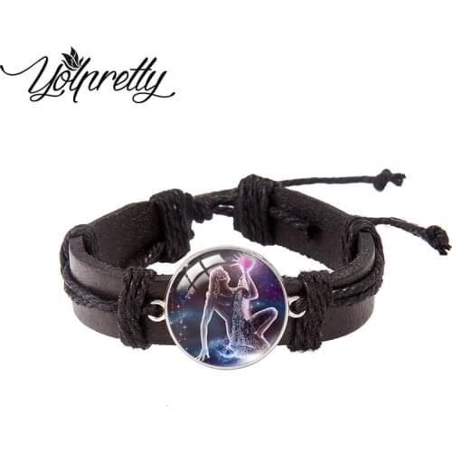 2021 New Arrival Lace up Leather Bracelet 12 zodiac Virgin Cancer Libra Charm Pendants Men Bracelet Jewelry