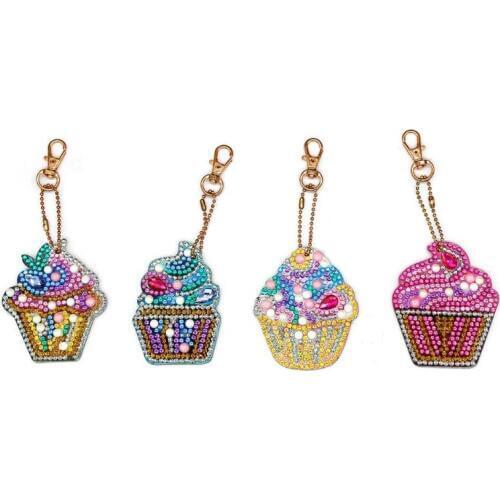 4pcs DIY Keychain Diamond Painting Cake Ice Cream Key Ring Pendant Gift Diamond Embroidery Cross Stitch Needlework Craft