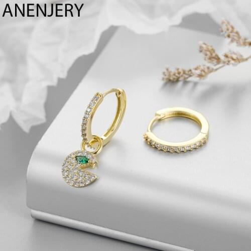 ANENJERY 925 Sterling Silver Personality Little Monster Asymmetric Hoop Earring Micro Inlaid Zircon Earring For Women S-E1129