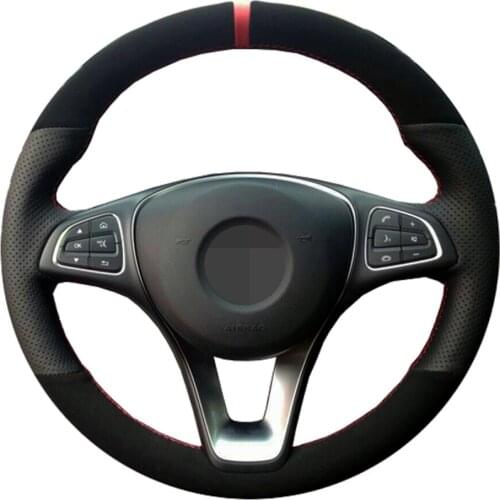 Car Steering Wheel Cover Black Red Marker Genuine Leather Suede For Mercedes-Benz C180 C200 W205 C300 B200