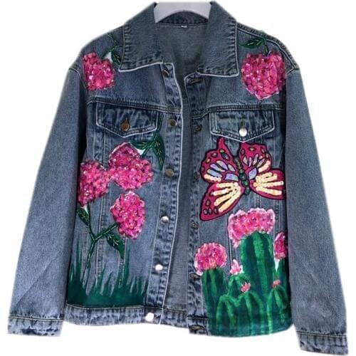England style sequins beading Denim jackets female butterfly pattern sequins beading denim outwear tops wq1580 dropship