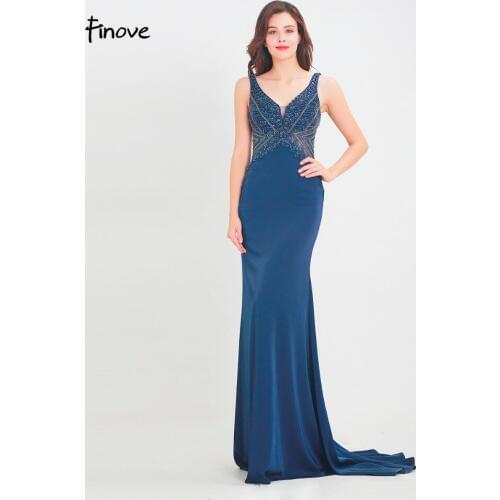 Finove Prom Dress 2020 New Long Sexy V Neck Backless Beaded Floor Length Mermaid Formal Party Woman Dress vestido de fiesta
