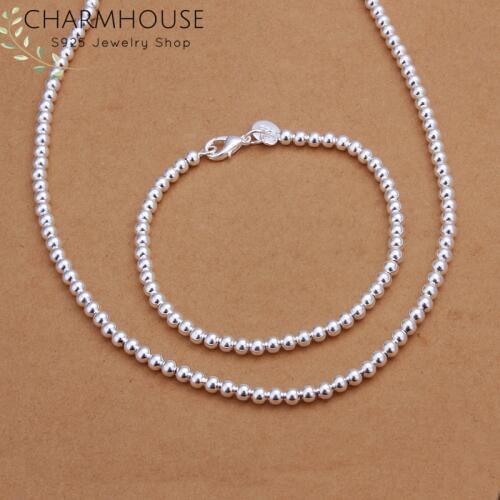 Charmhouse Silver 925 Jewelry Sets For Women 4mm Bead Ball Chain Necklace Bracelet Collier Pulseira 2Pcs Costume Jewelery Set