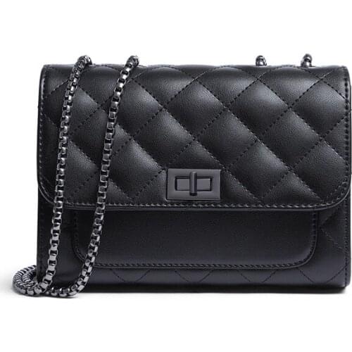 Diamond Pattern Small Messenger Bag Genuine Cow Leather Women Square Crossbody Shoulder New Trending Chain 2021 Ins Black Bags