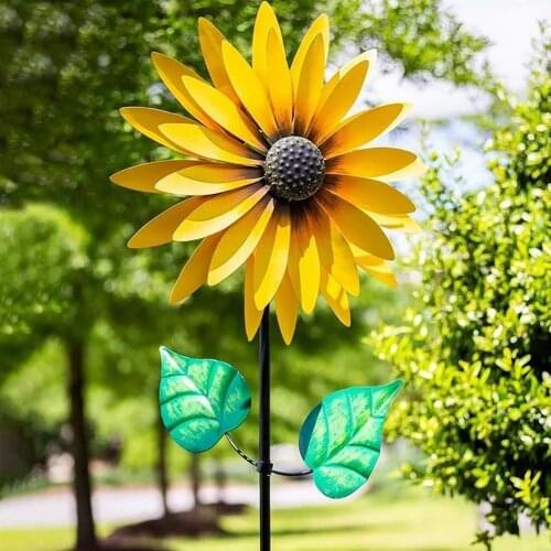 Metal Sunflower Rotating Windmill Garden Wrought Iron Flower Wind Spinner With Stake Lawn Landscape Roadside Decor Windmill