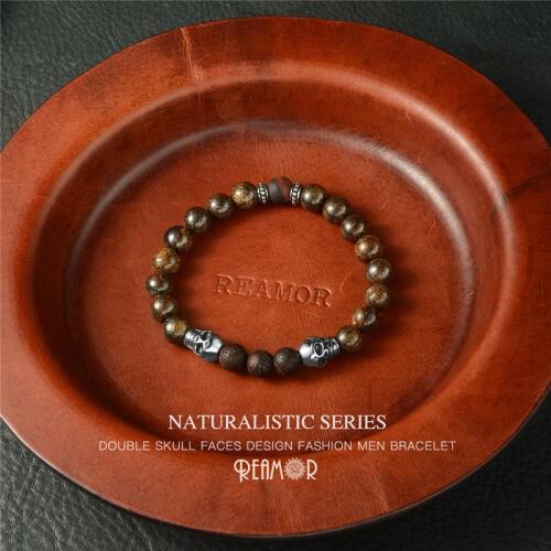 REAMOR 8mm Natural Stone Beaded Metal Skull Head Bracelets Red Tiger Eye Bracelet Punk Style Skeleton Bracelet Men Jewelry