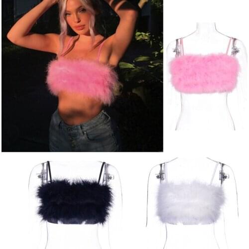 New Arrival Fashion Womens Steetwear Ladies Sexy Fake Fur Patchwork Camis Tube Crop Tops Spring Summer Autumn Clothing Pink