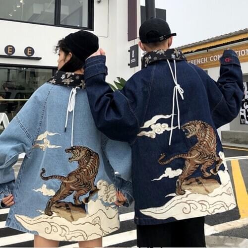 Autumn Turtleneck Jean Jackets Couples Denim Zipper Japanese Streetwear Loose Harajuku Hiphop Sweatshirt Denim Coat KK2990