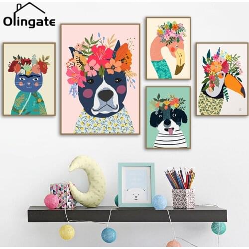 Nordic Flamingo Dog Cat Posters and Prints Colorful Flower Pets Wall Art One Piece Canvas Painting Home Decor for Living Room