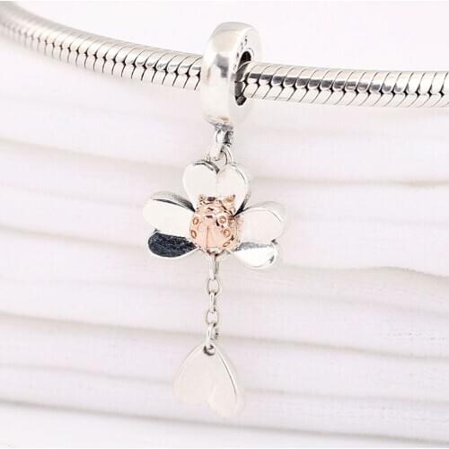 Authentic S925 Silver Bead DIY Jewelry Petals And Rose Ladybird Dangle Pendant fit Lady Bracelet Bangle