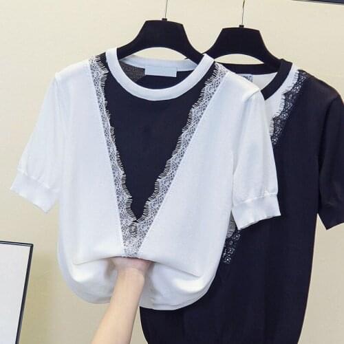 Summer Short Sleeve Thin Knitted Pullover Lace Tops Women 2021 Summer Patchwork Casual Korean Pull Femme Jumper Female Tee Shirt