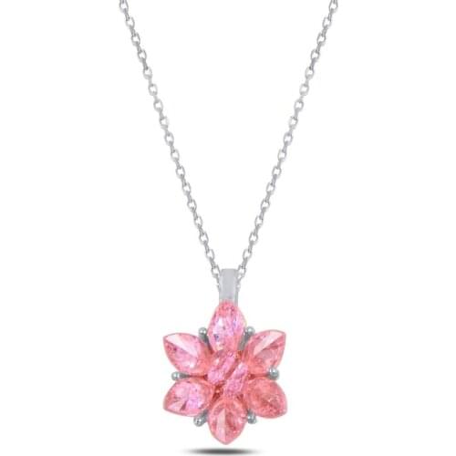 Silver 925 Sterling Lotus Blossom Pink Zircon Stone Necklace