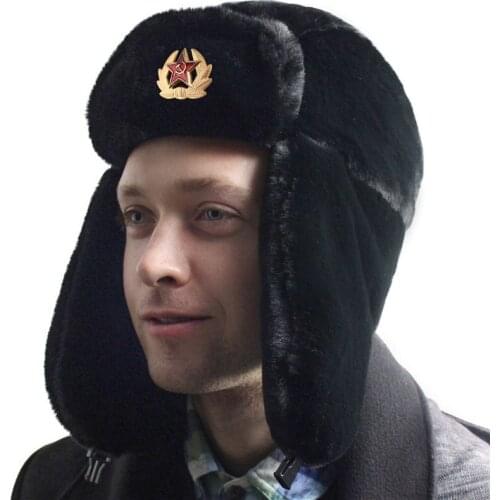 New Unisex Rabbit Fur Soviet Badge Lei Feng Hat Outdoor Hat Ear Protection Warm Wool Hat Ski Trooper Trapper Cold Anti Snow Hats
