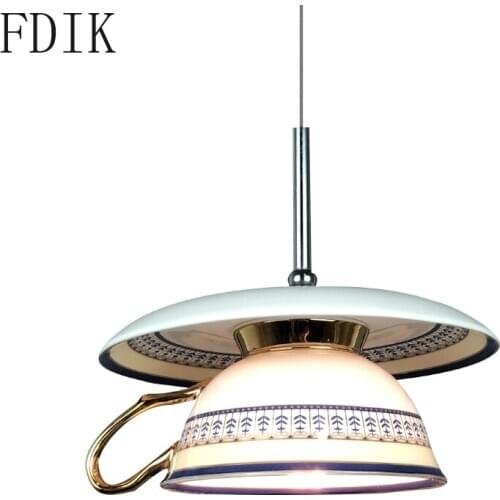 Modern Blue Ceramic Led Pendant Lights Coffee Cup Hanglamp for Kitchen Dining Room Chinese Style Decor Luminaire Suspension G4