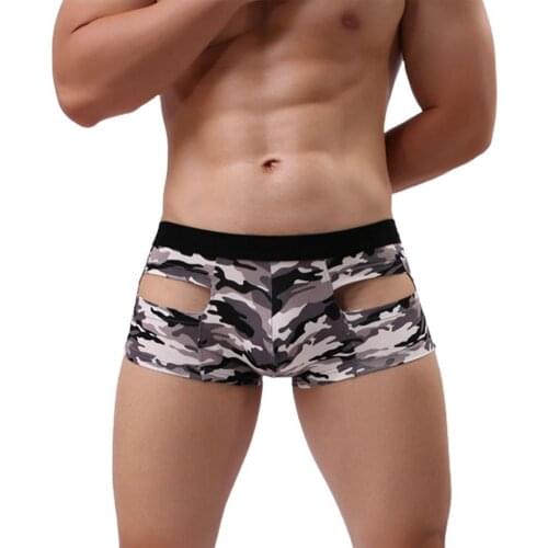 Men Boxers Sexy Mid Waist Camouflage Hollow U Convex Boxer Briefs Underwear Underpants Mens Underwears 2021 трусы мужские