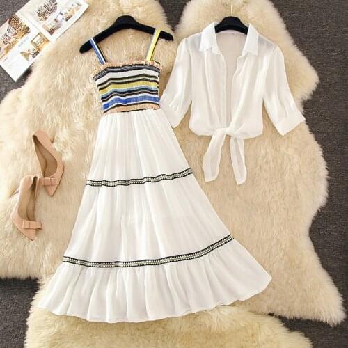 Summer Korean Two Piece Set Dress Women 2020 New Chiffon Shawl Tops + Word Collar Stripe Suspender Dress Fashion 2pc Sets Z190