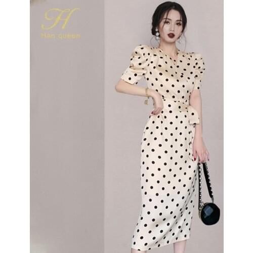 H Han Queen Womens New Polka Dot Puff Sleeve Elegant Dress Office Lady Evening Party Bodycon Sheath Pencil Dresses Work Vestidos