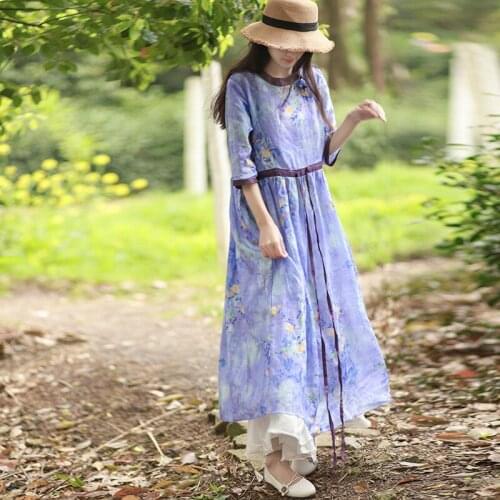 Women Loose Ramie Printed Dress Ladies Summer Print Floral Ramie Dresses Female 2021 Dress