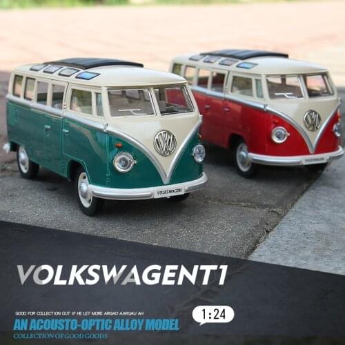 1:24 Zinc Alloy T1 Bus Van Alloy Toy Car Diecast MPV Model Sound Light Pull Back Children Gift Boys For Toys