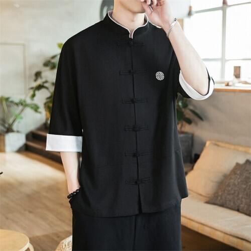 2020 New Chinese Style Mens Tops Tang Suit Linen Long Sleeve Solid Traditional Kung Fu China Style Hanfu Shirt Plus Size M-5XL