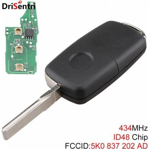 3 Buttons Uncut Flip Remote Key Fob with ID48 Chip fit for VolksWagen Beetle / Caddy / Touran / Arriba / Golf