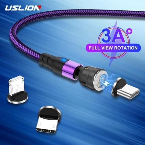 USLION Magnetic Cable Micro USB 540 Rotation Charging Type C 3A Fast Charging For iPhone 11 Pro Max 8 7 Plus Xr Samsung Xiaomi