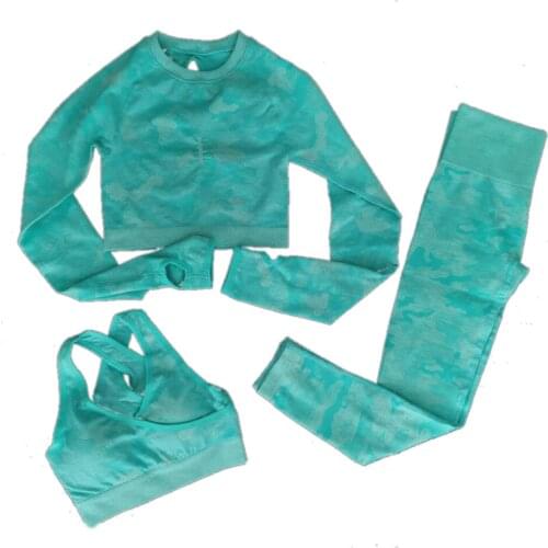 Women yoga set Seamless Camouflage Long sleeves Tops High Waist Leggings bra Fitness Sport GYM Camo Suit Tight Workout pants