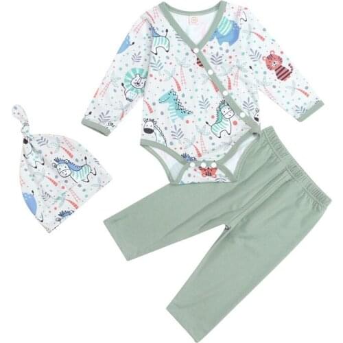 0-24m Baby 3pcs Outfit Cartoon Animal Plant Printing Long Sleeve Oblique Button Romper Long Pants Cap Set Baby Girls Boys Suit
