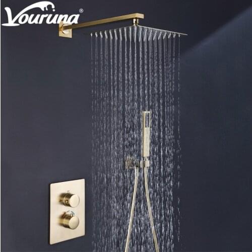 VOURUNA Square Style Brushed Golden Thermostatic Bathroom Shower Set with 10 Inch Rain Shower Head