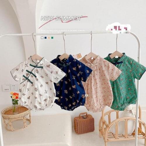 Summer Chinese Style Baby Girls Rompers Clothes Broken Flower Bag Fart Cheongsam And Triangle Climbing Bodysuit Newborn Roupa