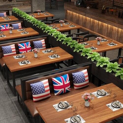 Hot Pot Restaurant Dining Table Made of Solid Wood Vintage Wrought Iron Western Restaurant Card Slot Table and Chair