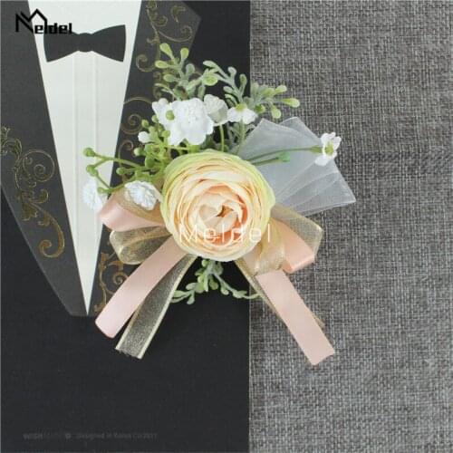 Meldel Tea Rose Flower Brooches For Women Wrist Corsage Bracelets Pink Brooch Wedding Boutonnieres Marriage Prom Accessories