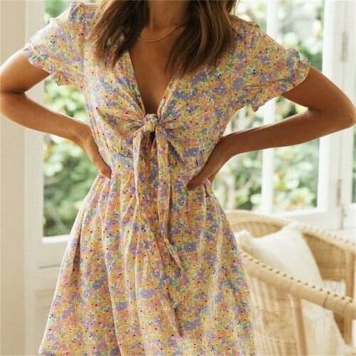 MESTTRAF Women 2021 Fashion Printed Slim Knotted Mini Dress Vintage V Neck Short Sleeve Female Dresses Vestidos