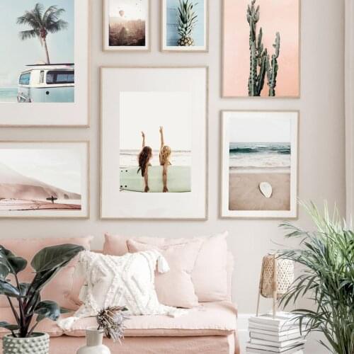Trendy pink Palms Cactus Plant Wall Art Beach Surfer Waves Summery Landscape Canvas Painting Poster Prints Living Room Decor