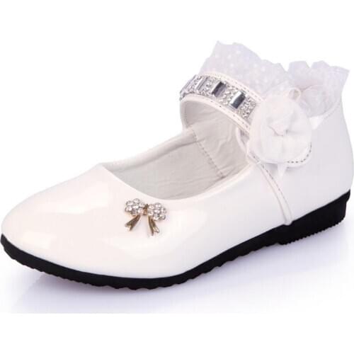 Flower Girls Shoes Spring Autumn Princess Lace PU Leather Shoes Cute Bowknot Rhinestone For 3-11 Ages Toddler ShoesMoccasins
