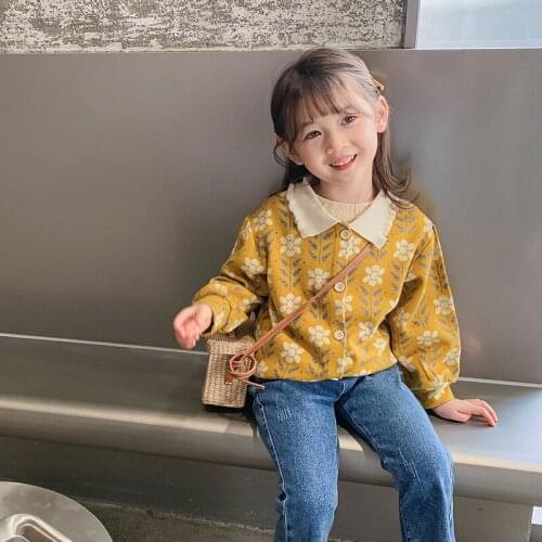 Girls Autumn fashion floral turn-down collar coats singl-breasted 2 colors fashion outwears