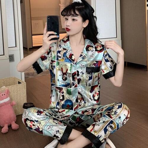 Disney Snow White Colorful Pyjamas Silk Satin Tops Pant Women Autumn Winter Short Sleeve Sleepwear Nightwear Cartoon Pajama Sets