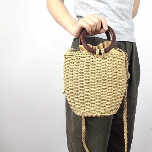 2020 Multi-styles Straw Bags Handmade Summer Woven New woven bucket bag antique wooden handle handbag beach holiday bag
