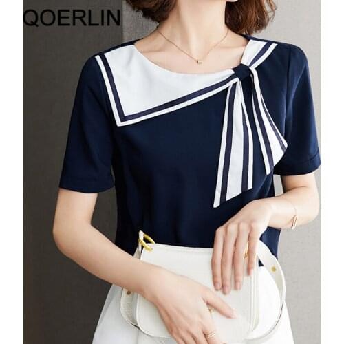 QOERLIN Blue Basic Tops Sailor Collar Short Sleeve Summer T-Shirts Girls Fashion Loose Casual Preppy Style Tee Shirt Women Plus
