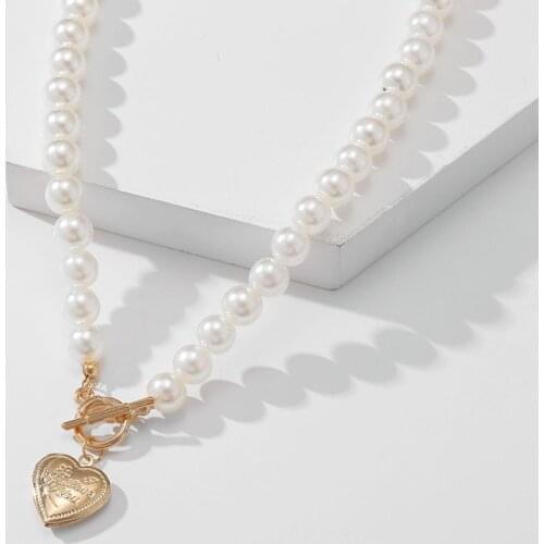 Luxury Simulated Pearl Heart Pendant Necklaces for Women Female Big Beads Thick Chain Choker Necklace Bohemian Jewelry Gifts