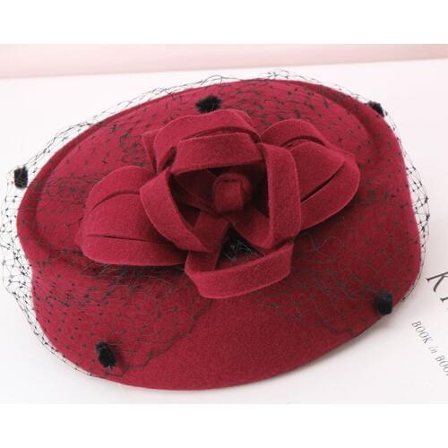 Lady Fedoras Wool Hat Girls British Vintage Elegant Flower Woolen Cap Female Autumn Winter Wool Stewardess Hat Adjust B-8943