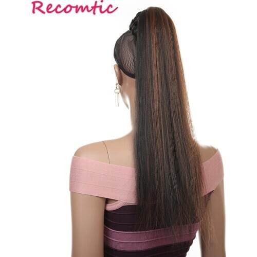 Recomtic Synthetic Hair Extensions 22Inch Brown Yaki Straight Wig Braiding Hair Pony Tail Beauty For Black Women