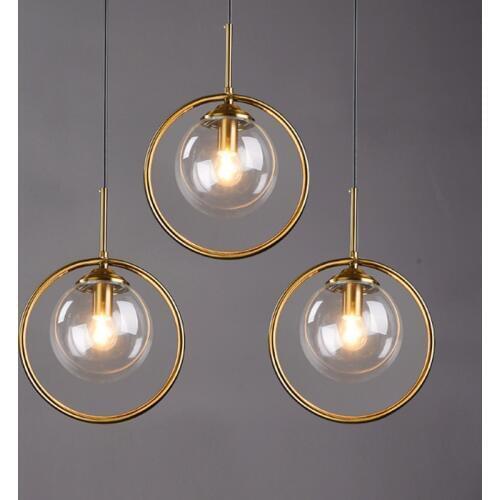 Modern minimalist amber plated glass ball single head chandelier Nordic restaurant bedside decoration gold hoop LED E14 lighting