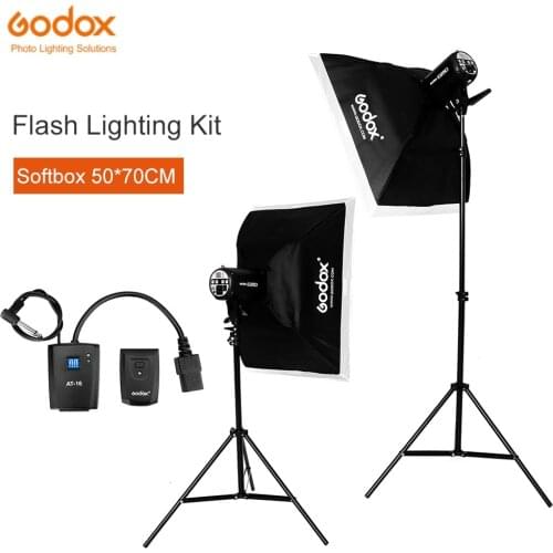 Godox 500W 2x E250 Flash Light Kit with Godox AT-16 Trigger & 2x Modeling Lamp & 2x 50x70cm Softbox & 2x light stand
