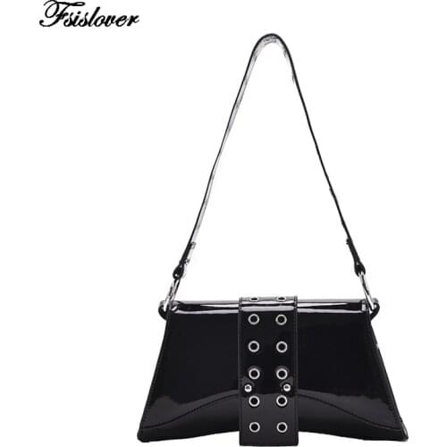 2021 Vintage Patent Leather Baguette Bag Punk style Rivet Women Shoulder Bags Retro Ladies Small Messenger Handbag Bolsa Mujer
